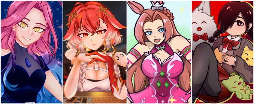 Left to right: Mizi (Alien stage), Changli (Wuthering Waves), Kawakami Princess (Umamusume), Yonaka Kurai (Mogeko Castle)